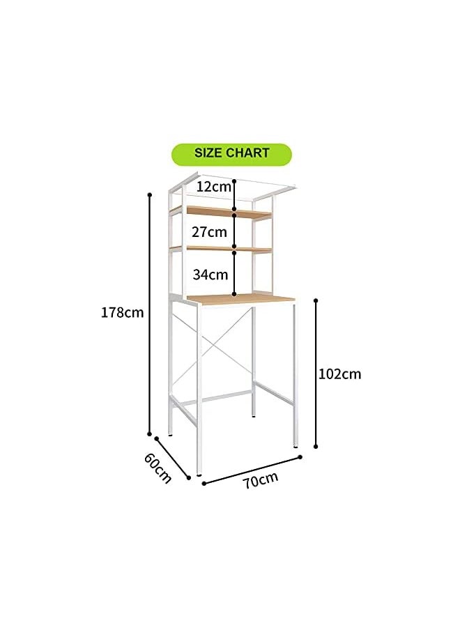 Drum Washing Machine Storage Rack Over Toilet Shelf Space Saver Bathroom Laundry Shelf Free Standing Hanging Shelves With Hanging Rod Multi-Functional,178x70x60cm (White)