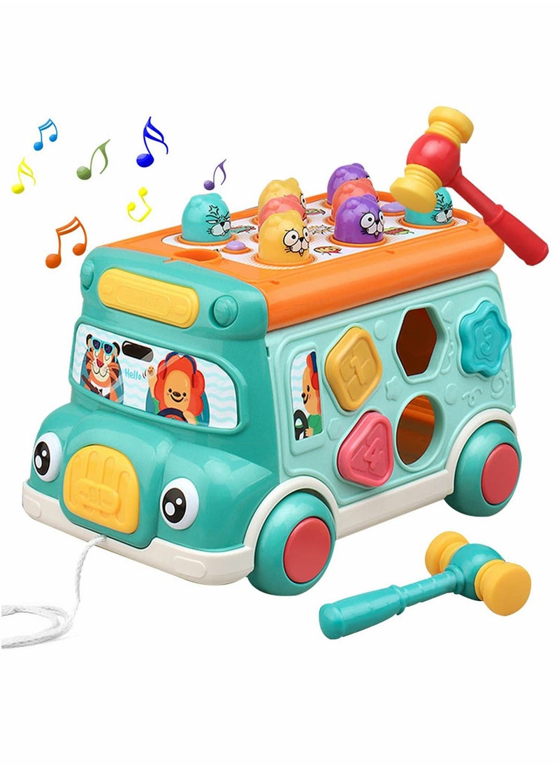 Cute Stone Push Pull Bus Toy, Baby Musical Learning Toys with Sound Light, Whack-a-Mole Game, Shape Matching, Gear, Toy Clock, Activity Bus Toy Early Education Gift for Toddler Boys Girls