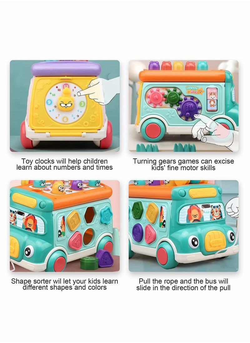 Cute Stone Push Pull Bus Toy, Baby Musical Learning Toys with Sound Light, Whack-a-Mole Game, Shape Matching, Gear, Toy Clock, Activity Bus Toy Early Education Gift for Toddler Boys Girls