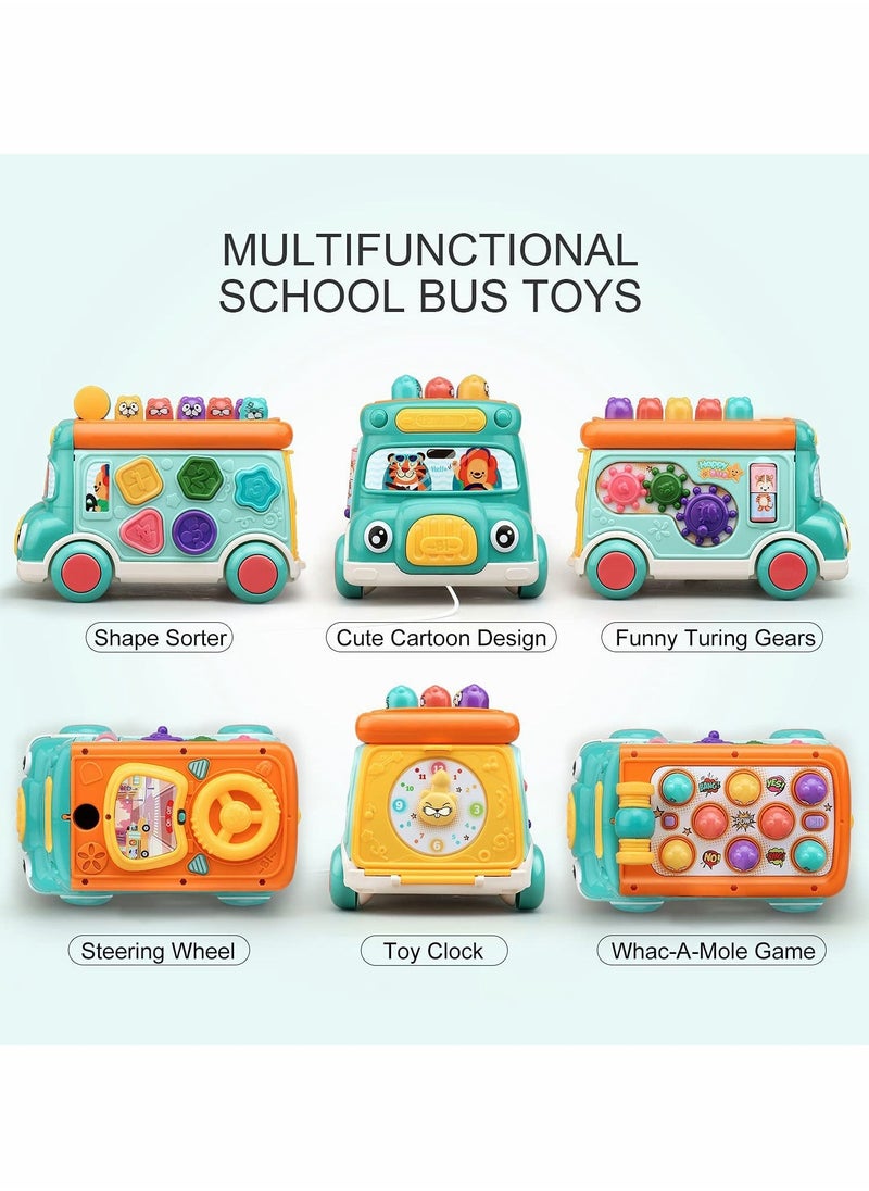 Cute Stone Push Pull Bus Toy, Baby Musical Learning Toys with Sound Light, Whack-a-Mole Game, Shape Matching, Gear, Toy Clock, Activity Bus Toy Early Education Gift for Toddler Boys Girls