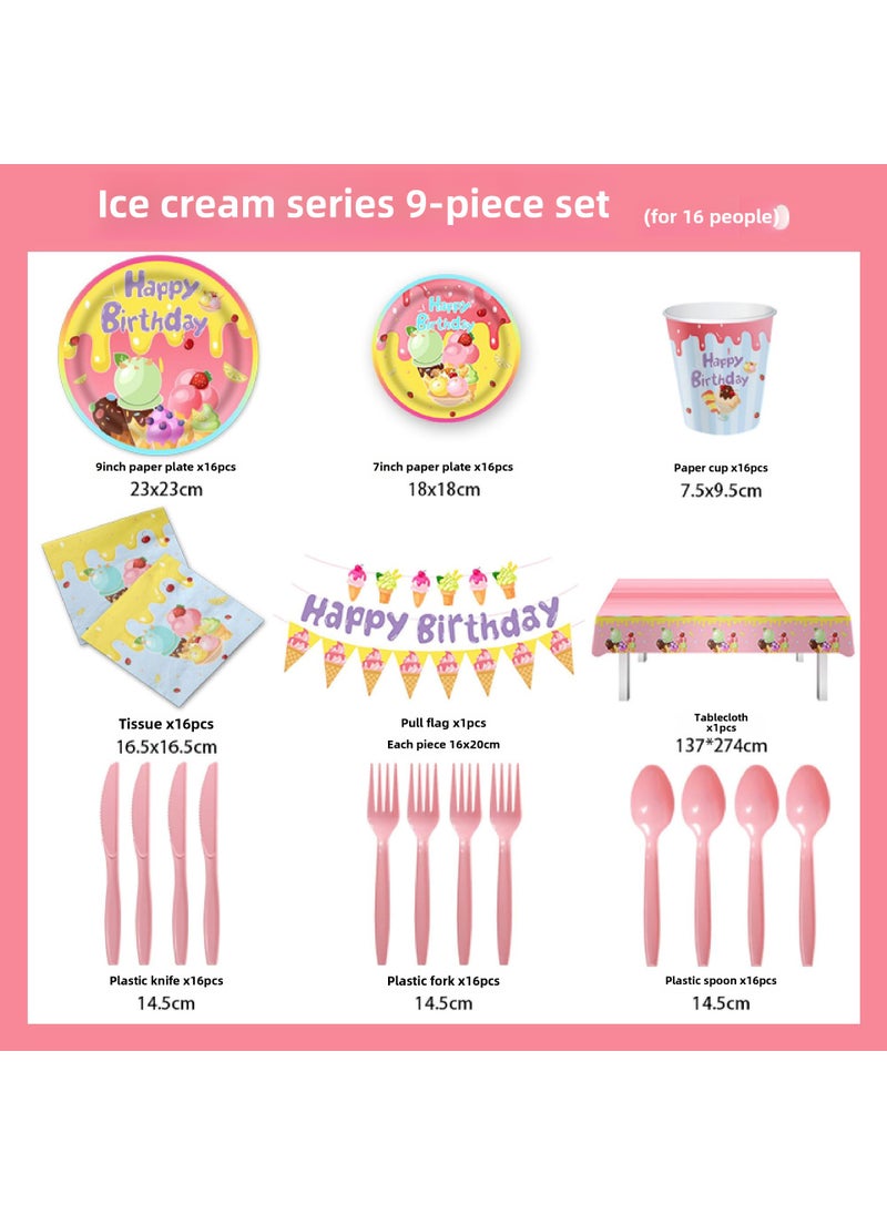 1 x 5 pcs New Party Set Ice Cream Themed Birthday Tableware 9-piece set suit