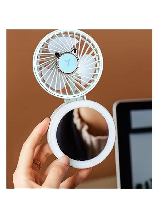 1 PCS USB Charging Cosmetic Mirror With Light Small Fan Folding Pocket Small Fan Hanging Neck Desktop Handheld Fan (purple)