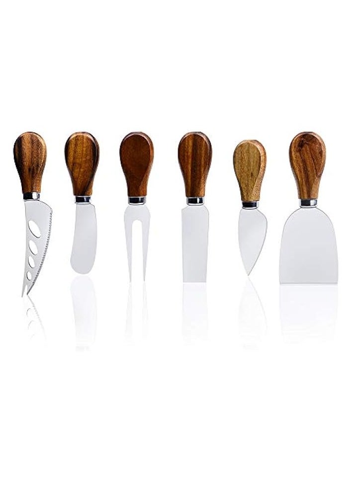 Cheese Knives with Wood Handle Stainless Steel Cheese Slicer Cheese Cutter Cheese Fork, 6-Piece Cheese Spreading Knife Sets for Charcuterie Boards, Cutlery Gift Set (6-wood handle cheese knives