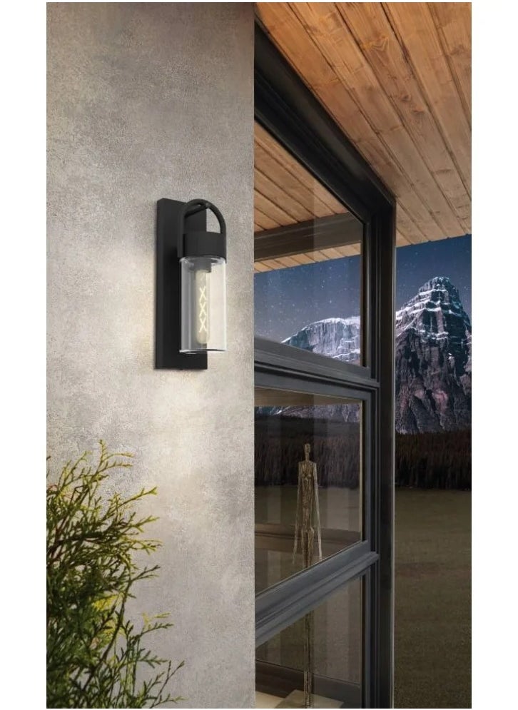 Carraro Outdoor Wall Lamp, E27 28W, Black Steel, Transparent Glass, IP44, Wall Switch