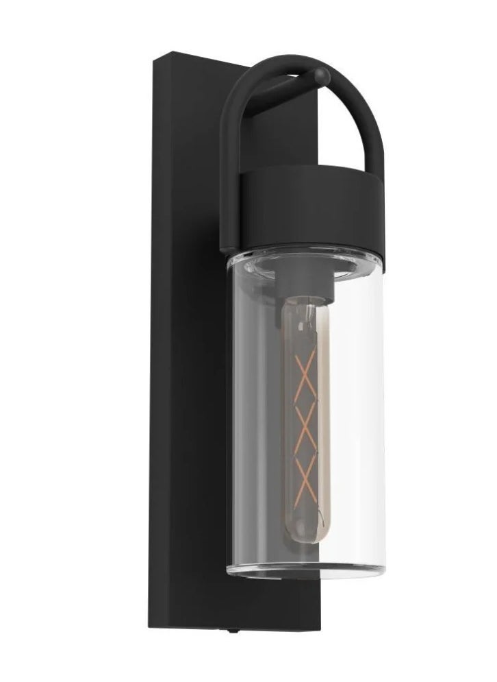 Carraro Outdoor Wall Lamp, E27 28W, Black Steel, Transparent Glass, IP44, Wall Switch