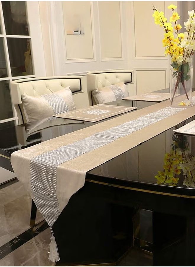 Table Runner with Diamante Strip and Tassels Beige 32*210CM