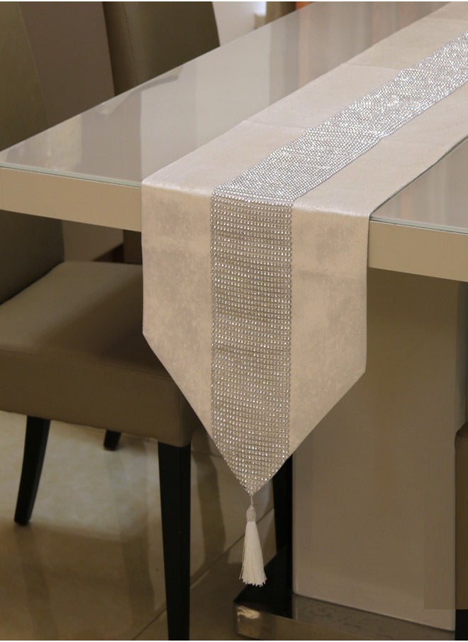 Table Runner with Diamante Strip and Tassels Beige 32*210CM