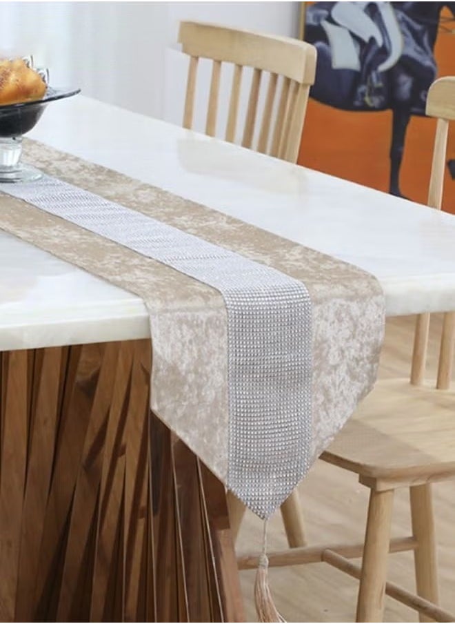 Table Runner with Diamante Strip and Tassels Beige 32*210CM