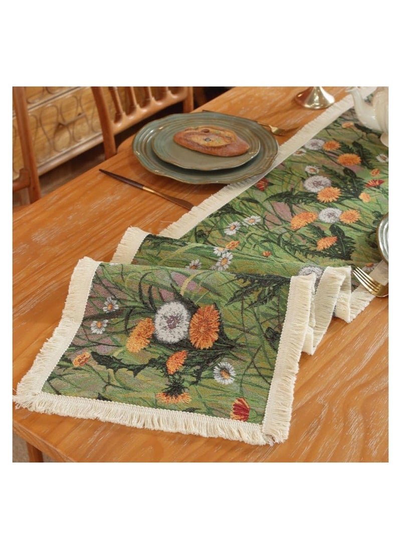 Vintage Table Runner, Table Cloth, Dandelion Designed Table Cover, Cotton Fabrics Color Woven Jacquard Process Dining Table Runners with Tassels for Autumn Farmhouse Country Embroidery (30*200cm)