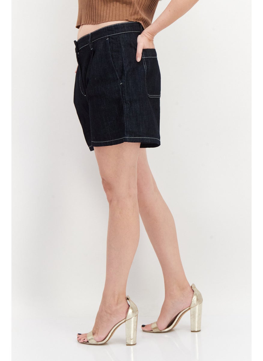 Women Washed Denim Short, Navy Blue