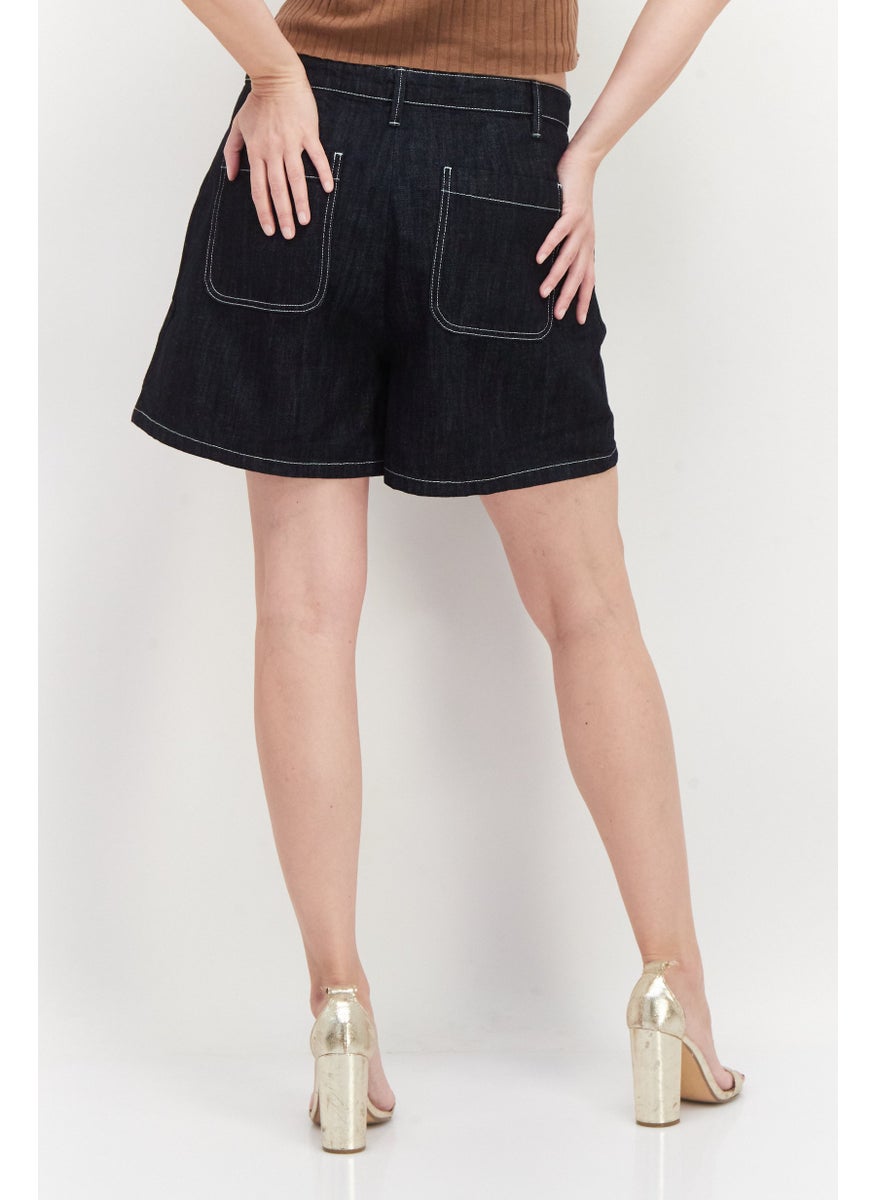 Women Washed Denim Short, Navy Blue