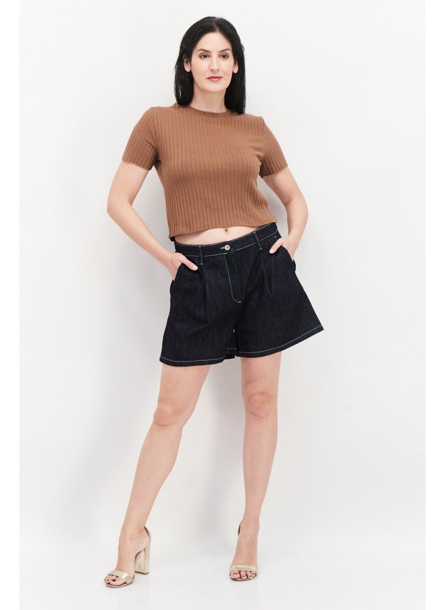 Women Washed Denim Short, Navy Blue