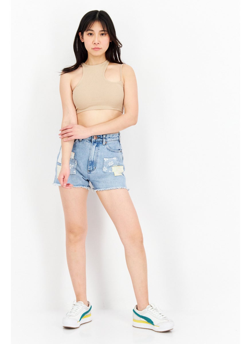 Women Regular Fit Graphic Printed Denim Shorts, Blue