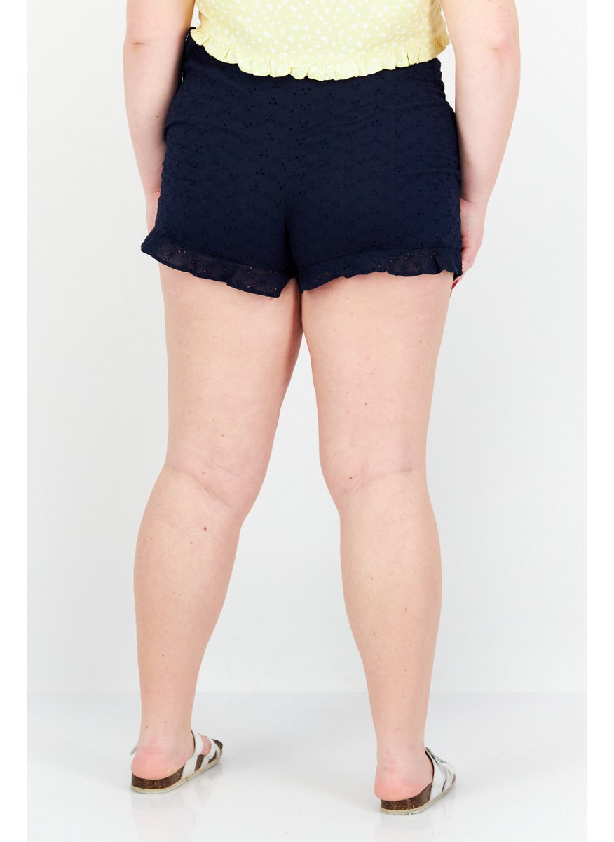 Women High Rise Textured Basic Shorts, Navy