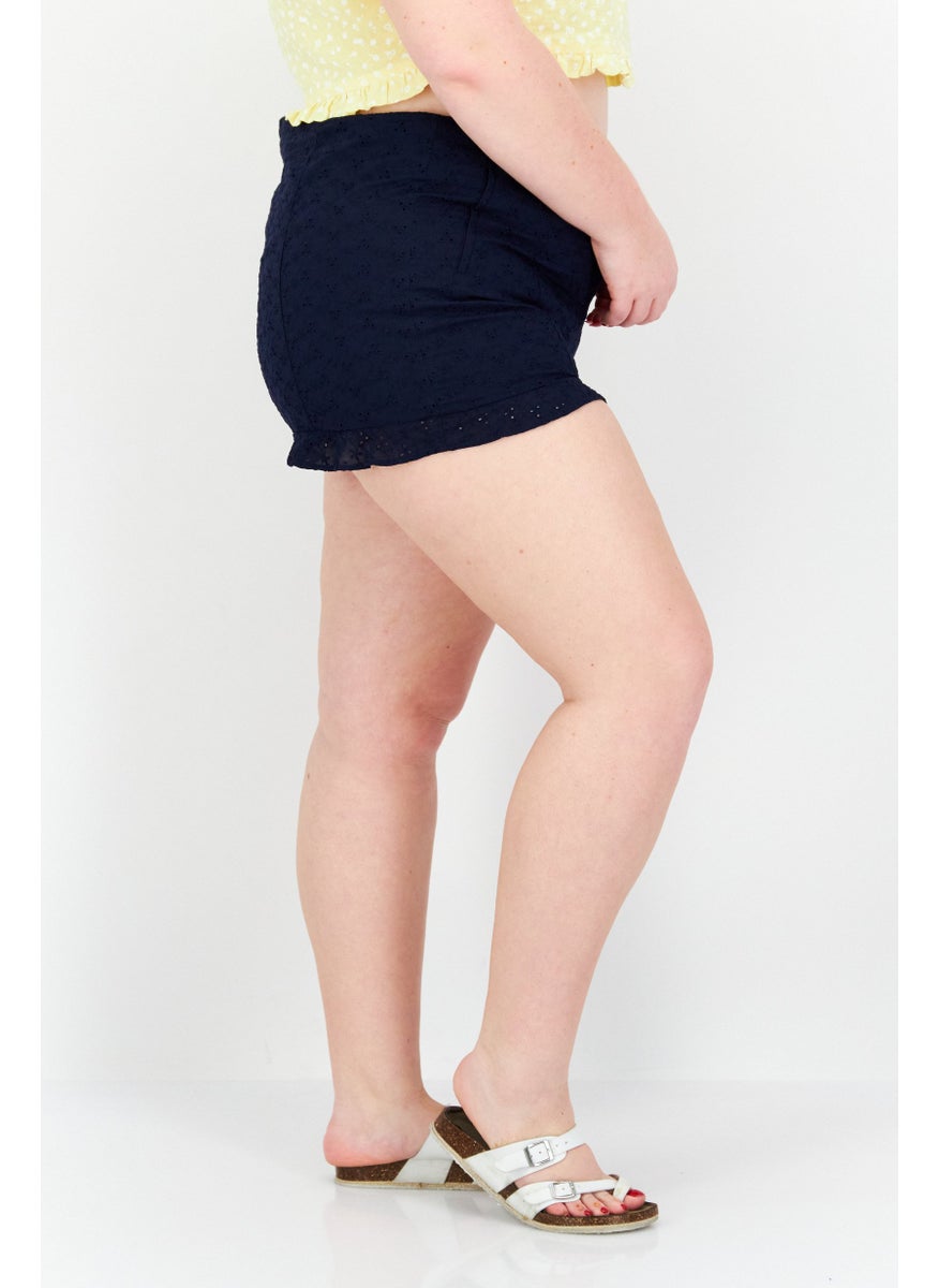 Women High Rise Textured Basic Shorts, Navy