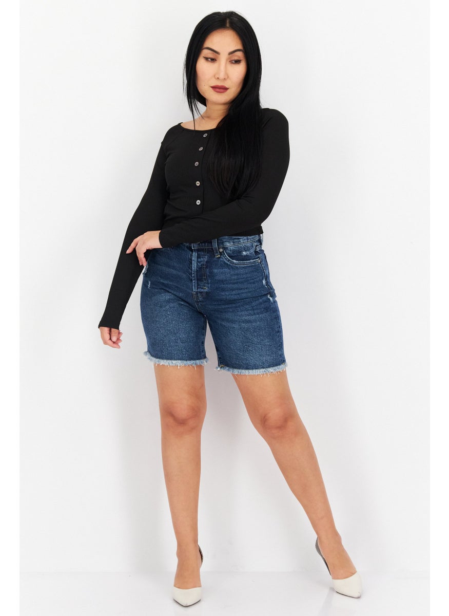 Women Regular Fit Washed Denim Shorts, Blue