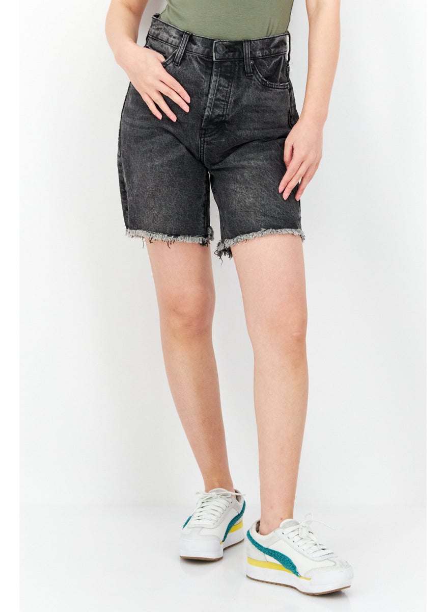 Women Regular Fit Washed Denim Shorts, Black