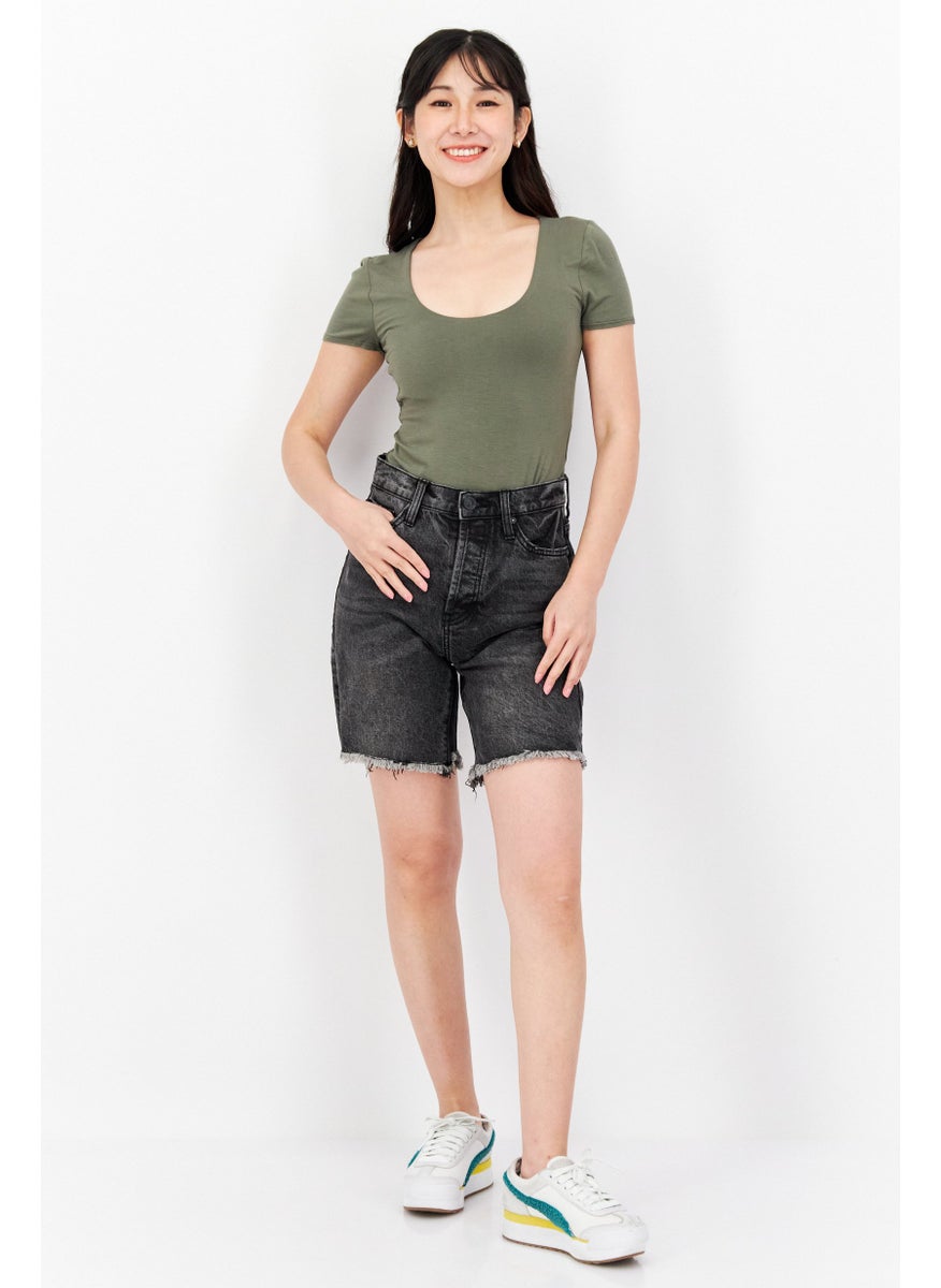 Women Regular Fit Washed Denim Shorts, Black