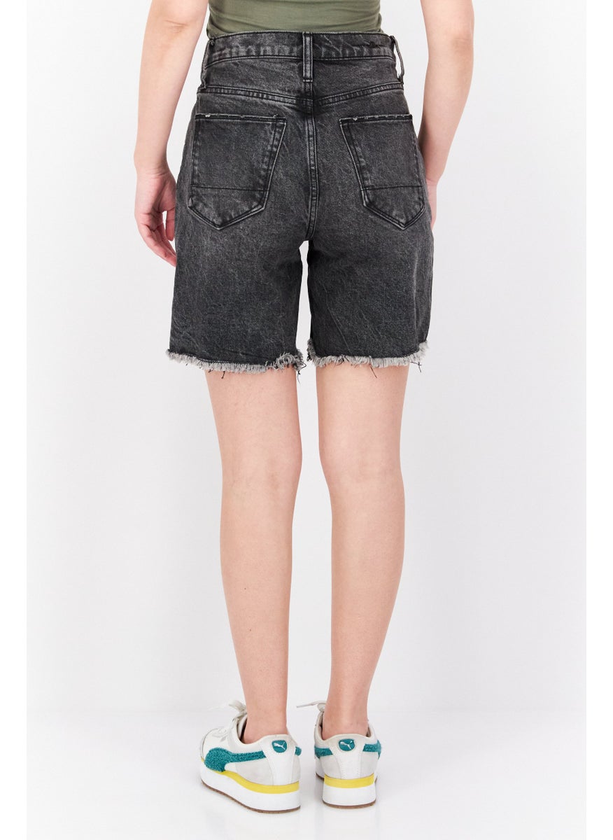 Women Regular Fit Washed Denim Shorts, Black