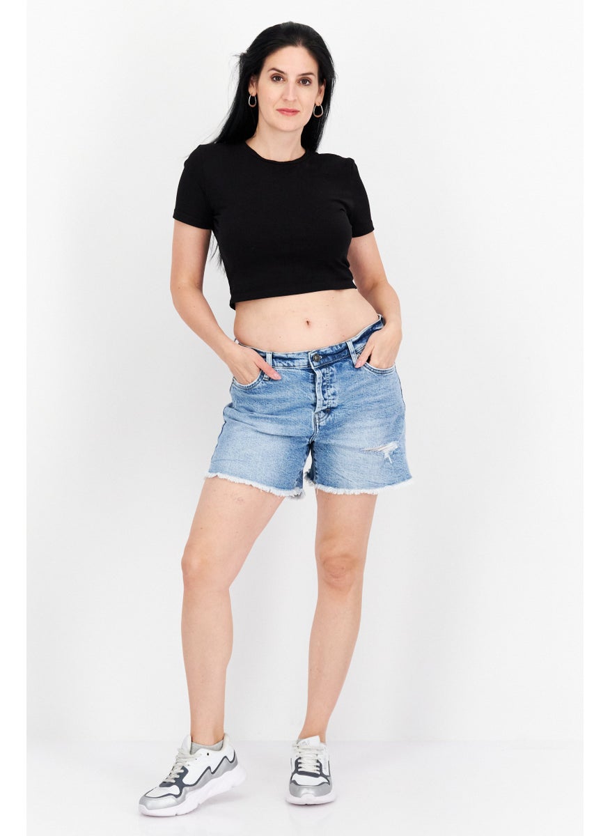 Women Washed Denim Shorts, Blue