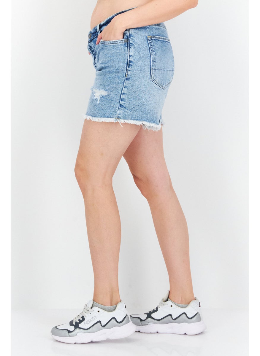 Women Washed Denim Shorts, Blue