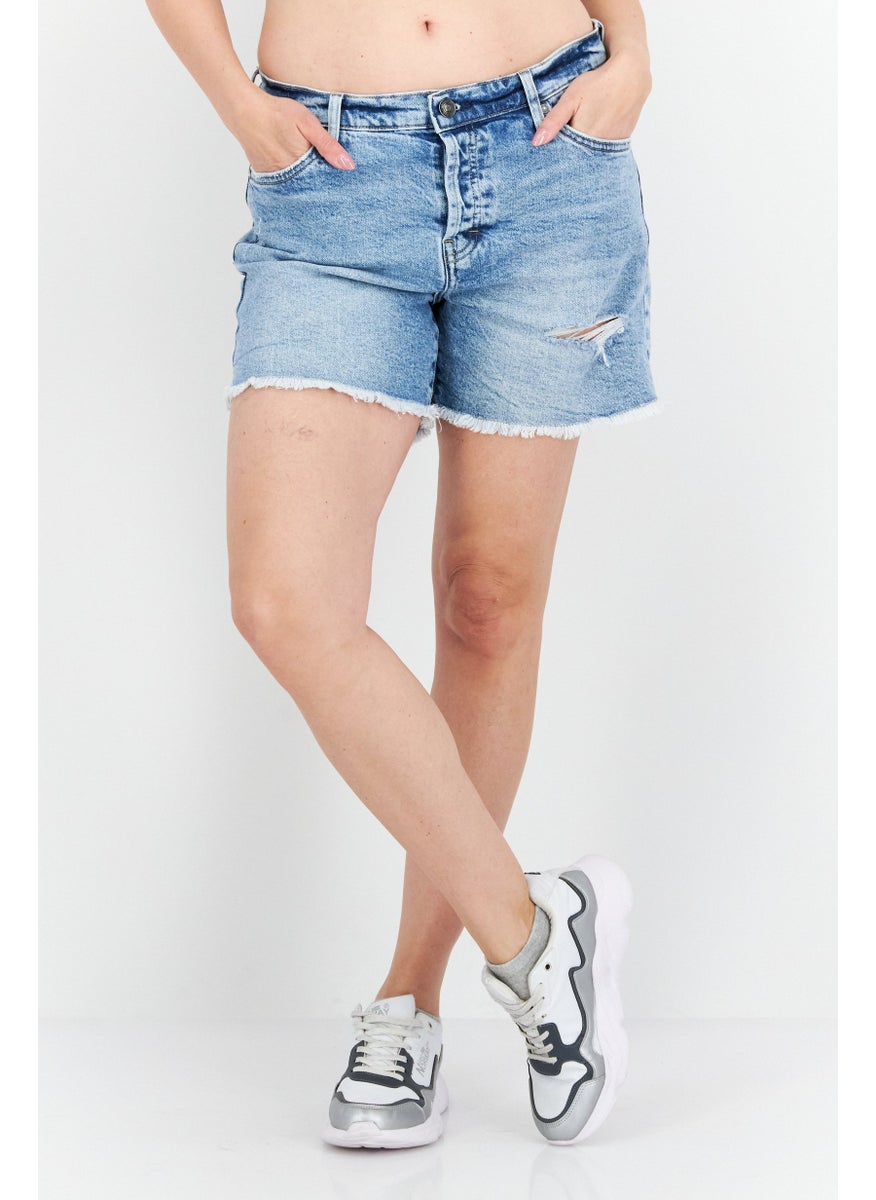 Women Washed Denim Shorts, Blue