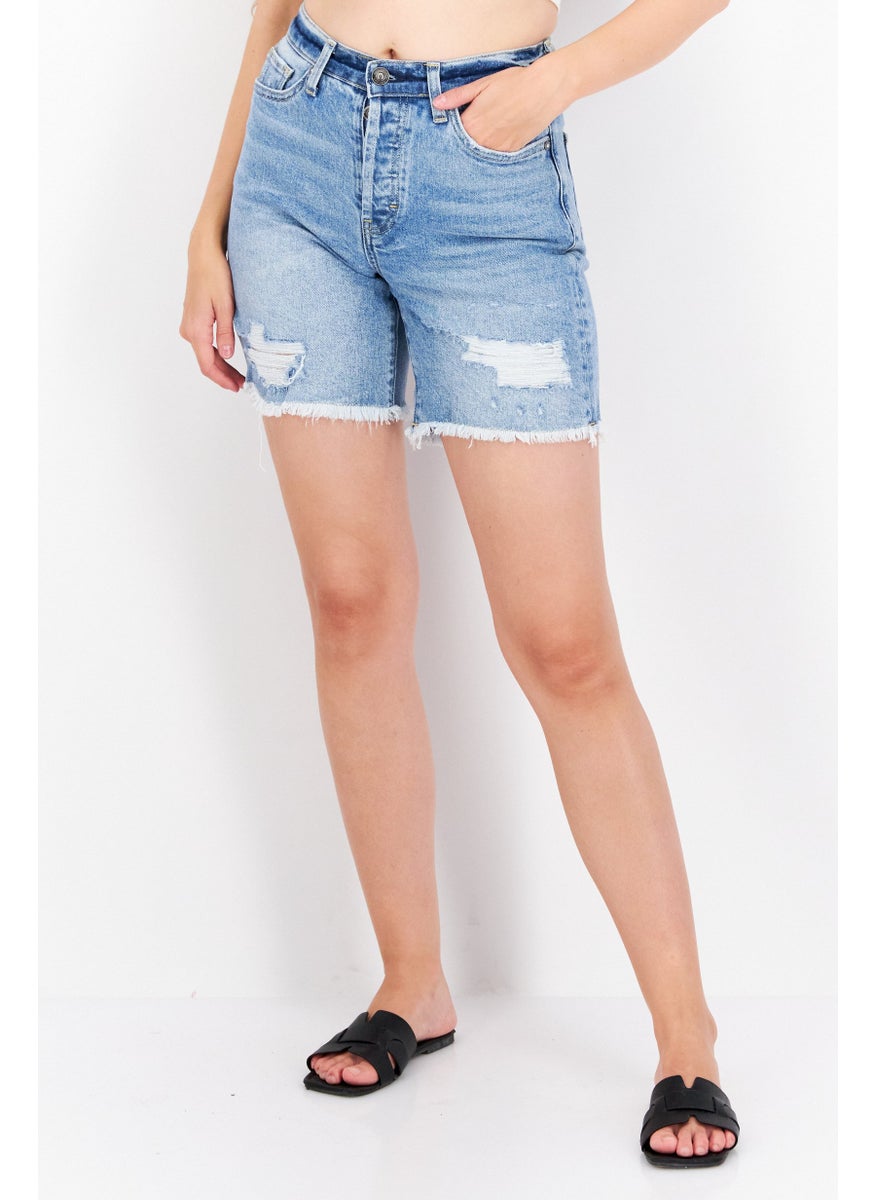 Women Washed Denim Short, Blue
