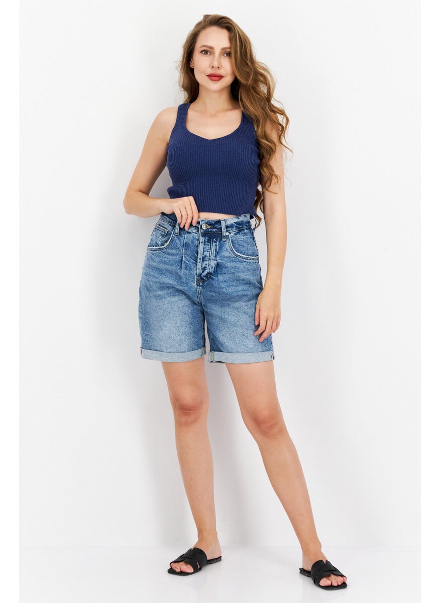 Women Washed Denim Short, Blue