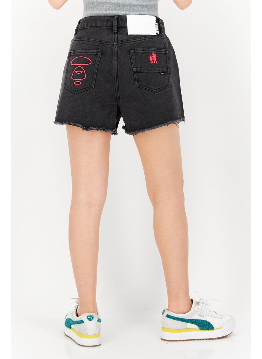 Women Embroidered Logo Denim Shorts, Washed Black