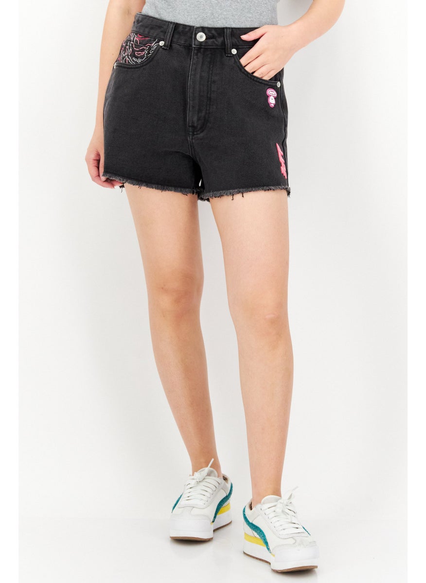 Women Embroidered Logo Denim Shorts, Washed Black