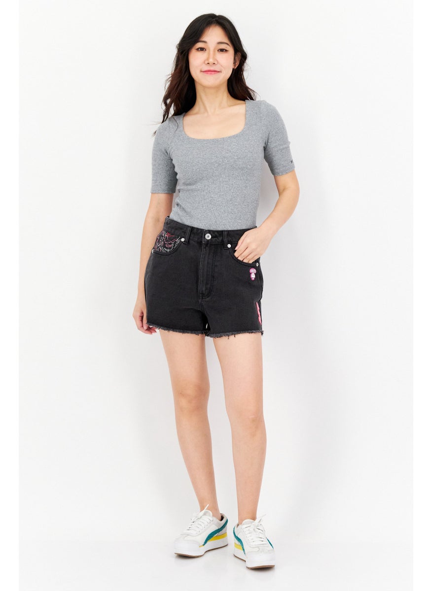 Women Embroidered Logo Denim Shorts, Washed Black