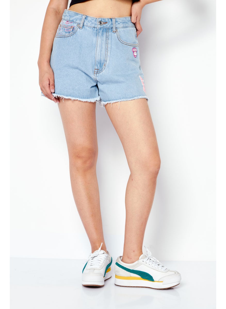 Women Embroidered Logo Denim Shorts, Washed Blue