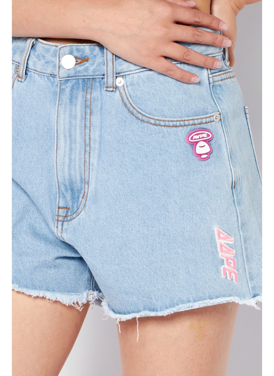 Women Embroidered Logo Denim Shorts, Washed Blue