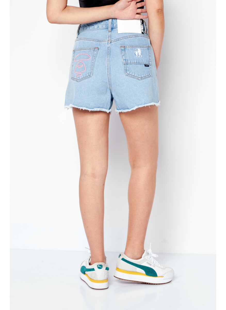 Women Embroidered Logo Denim Shorts, Washed Blue