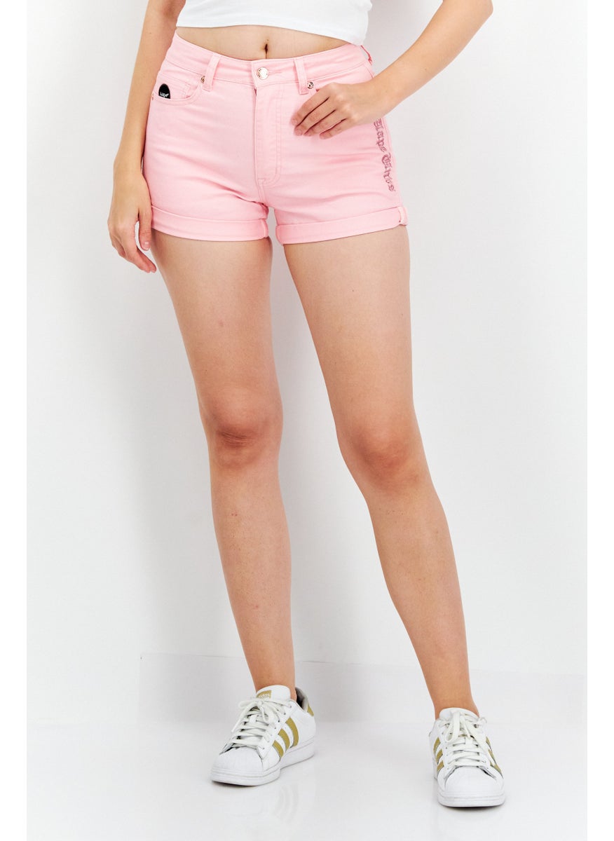 Women Embroidered Logo Denim Shorts, Pink