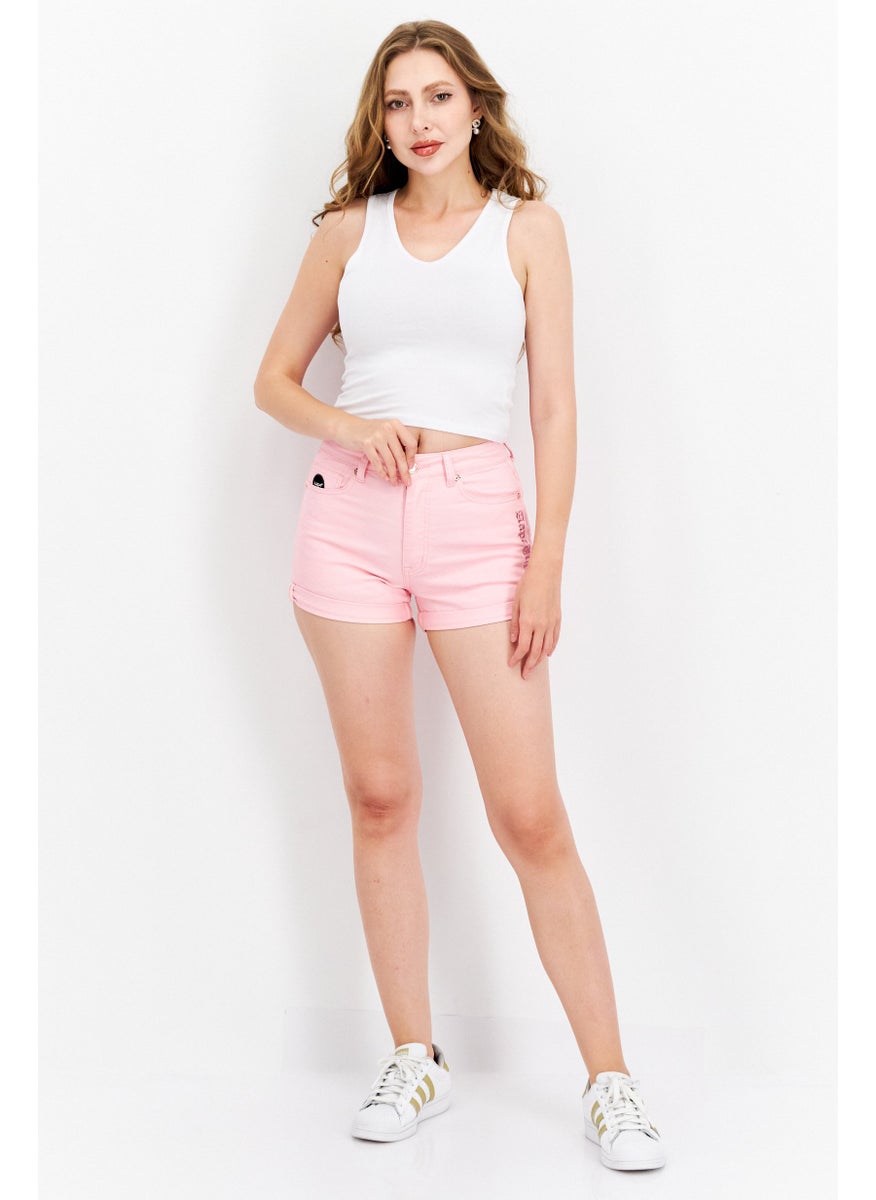 Women Embroidered Logo Denim Shorts, Pink