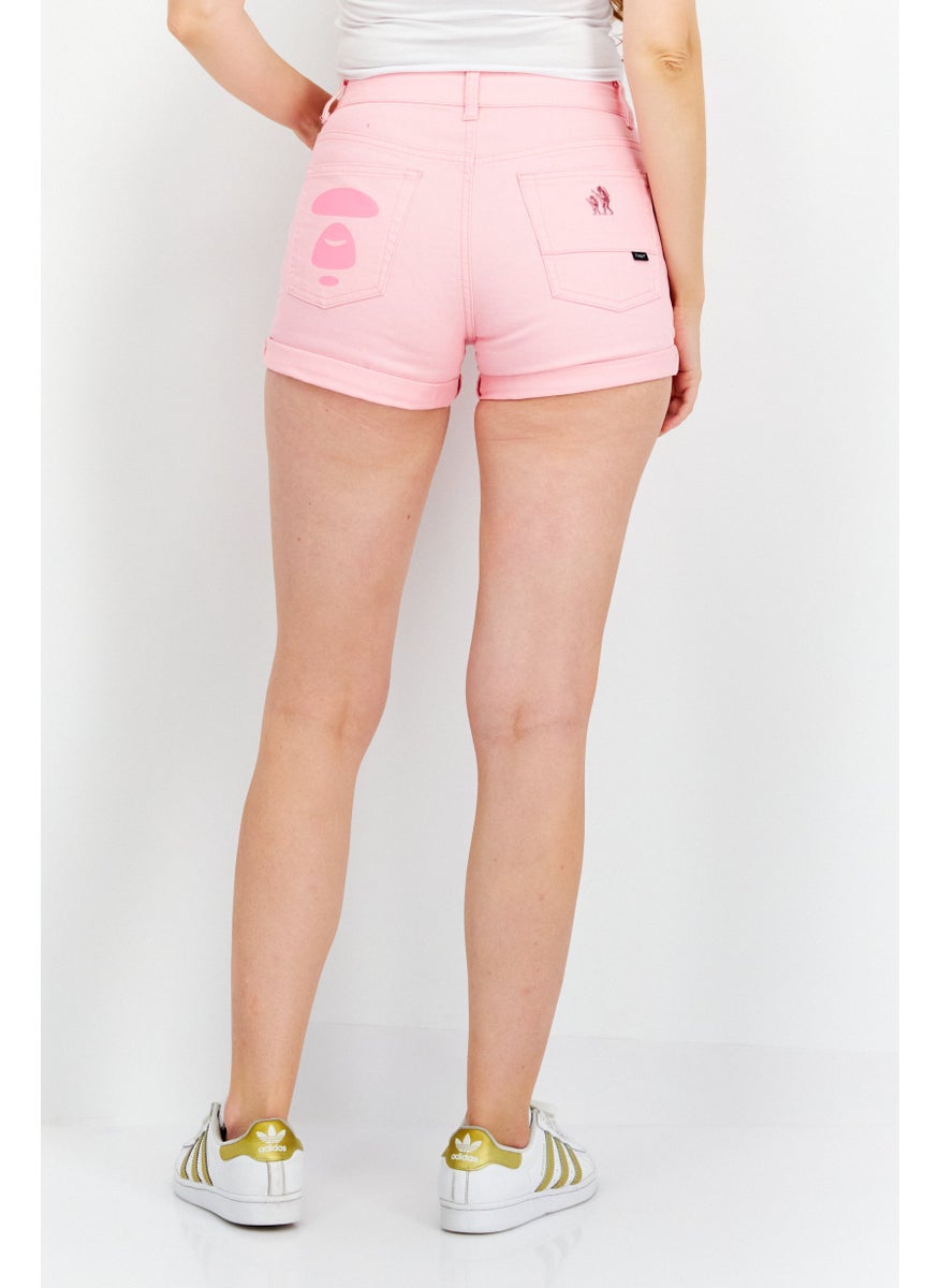 Women Embroidered Logo Denim Shorts, Pink