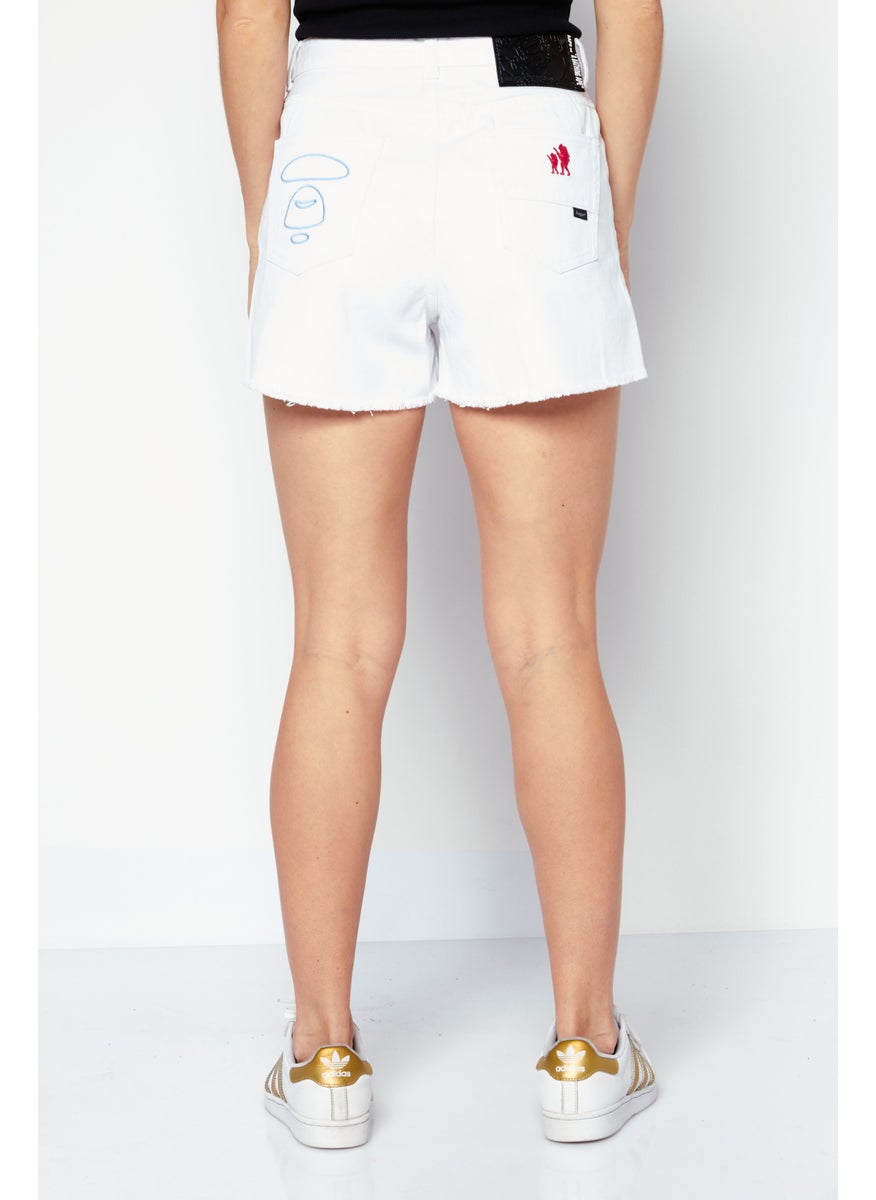 Women Embroidered Logo Denim Shorts, White Combo