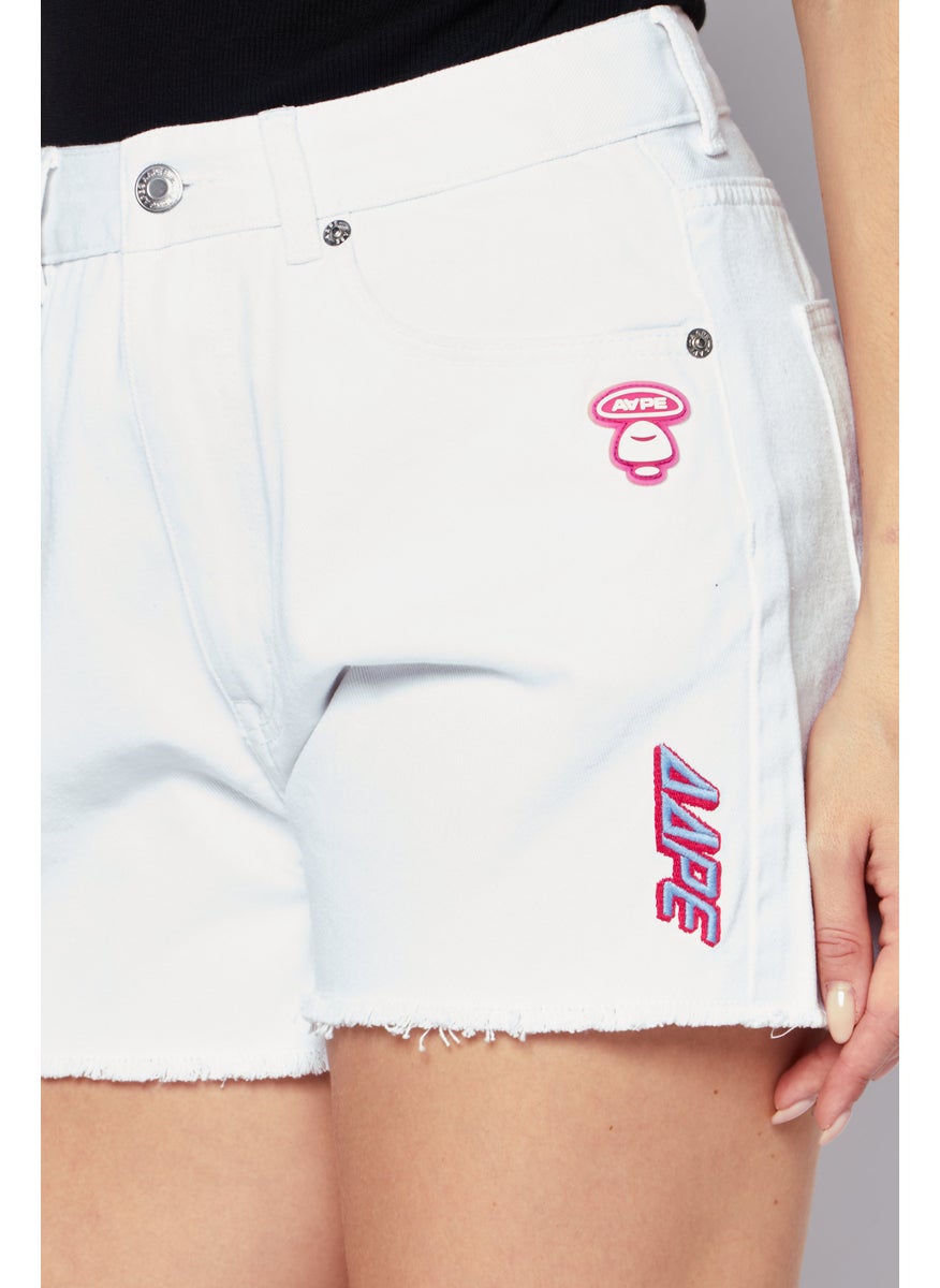 Women Embroidered Logo Denim Shorts, White Combo