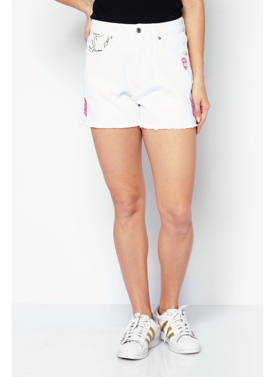 Women Embroidered Logo Denim Shorts, White Combo