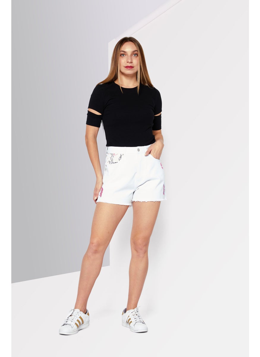 Women Embroidered Logo Denim Shorts, White Combo