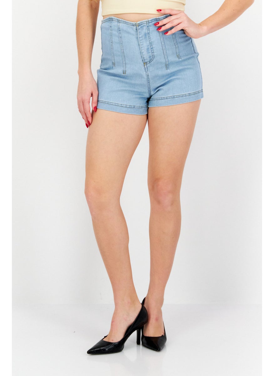 Women Ultra High Rise Solid Denim Short, Blue