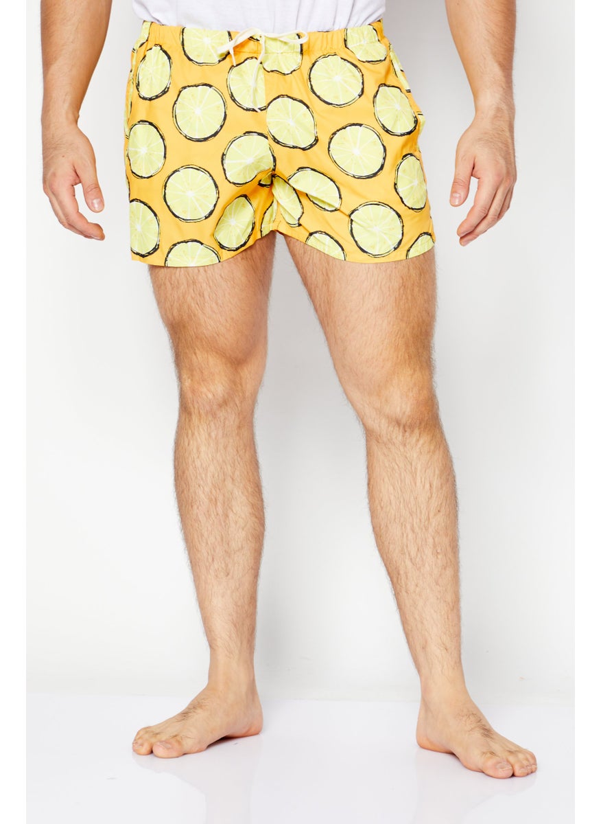 Men Lemon Print Swim Short, Yellow/Orange