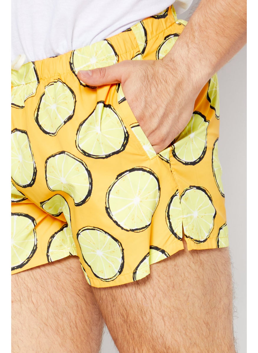 Men Lemon Print Swim Short, Yellow/Orange