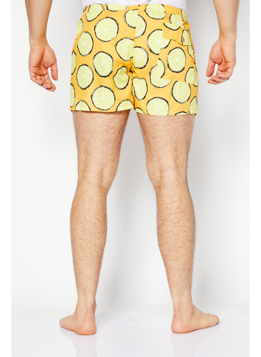 Men Lemon Print Swim Short, Yellow/Orange