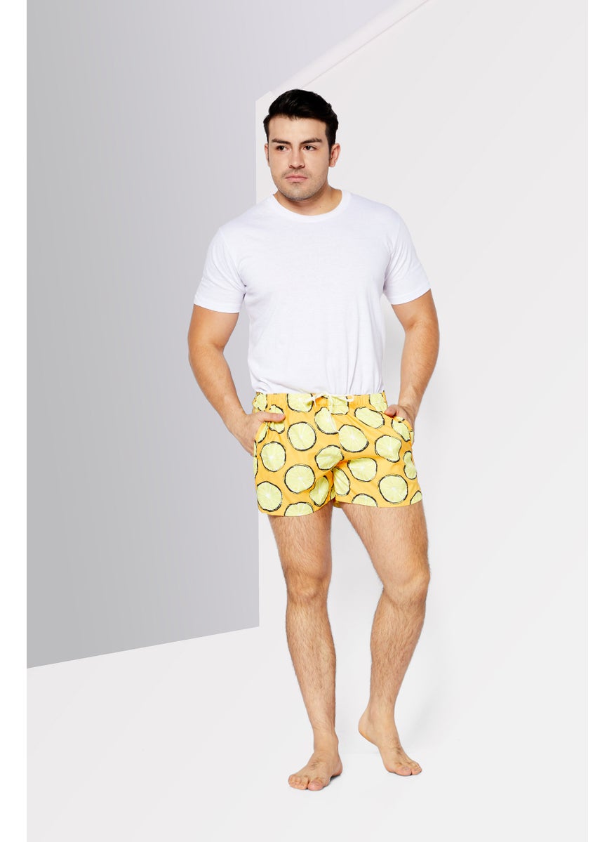 Men Lemon Print Swim Short, Yellow/Orange