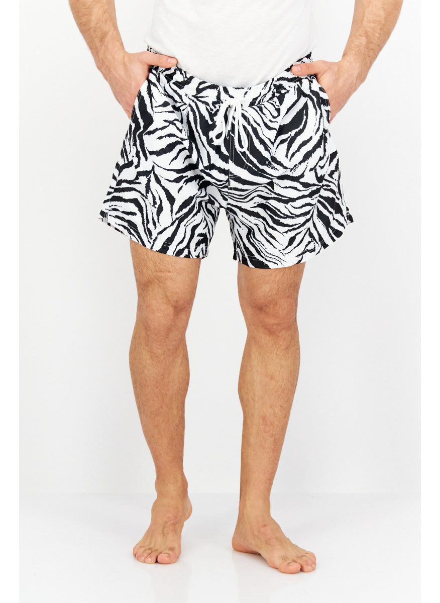 Men Drawstring Abstract Print Board Short, White/Black