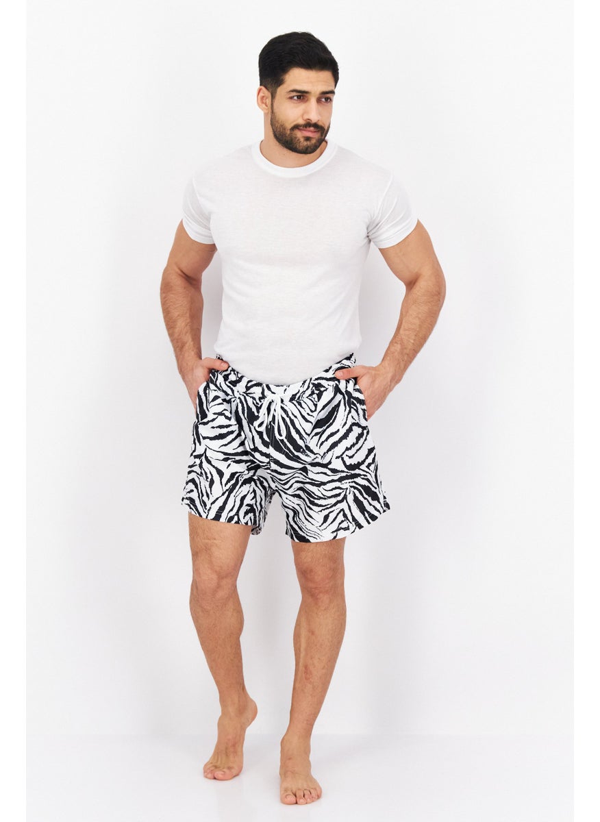 Men Drawstring Abstract Print Board Short, White/Black