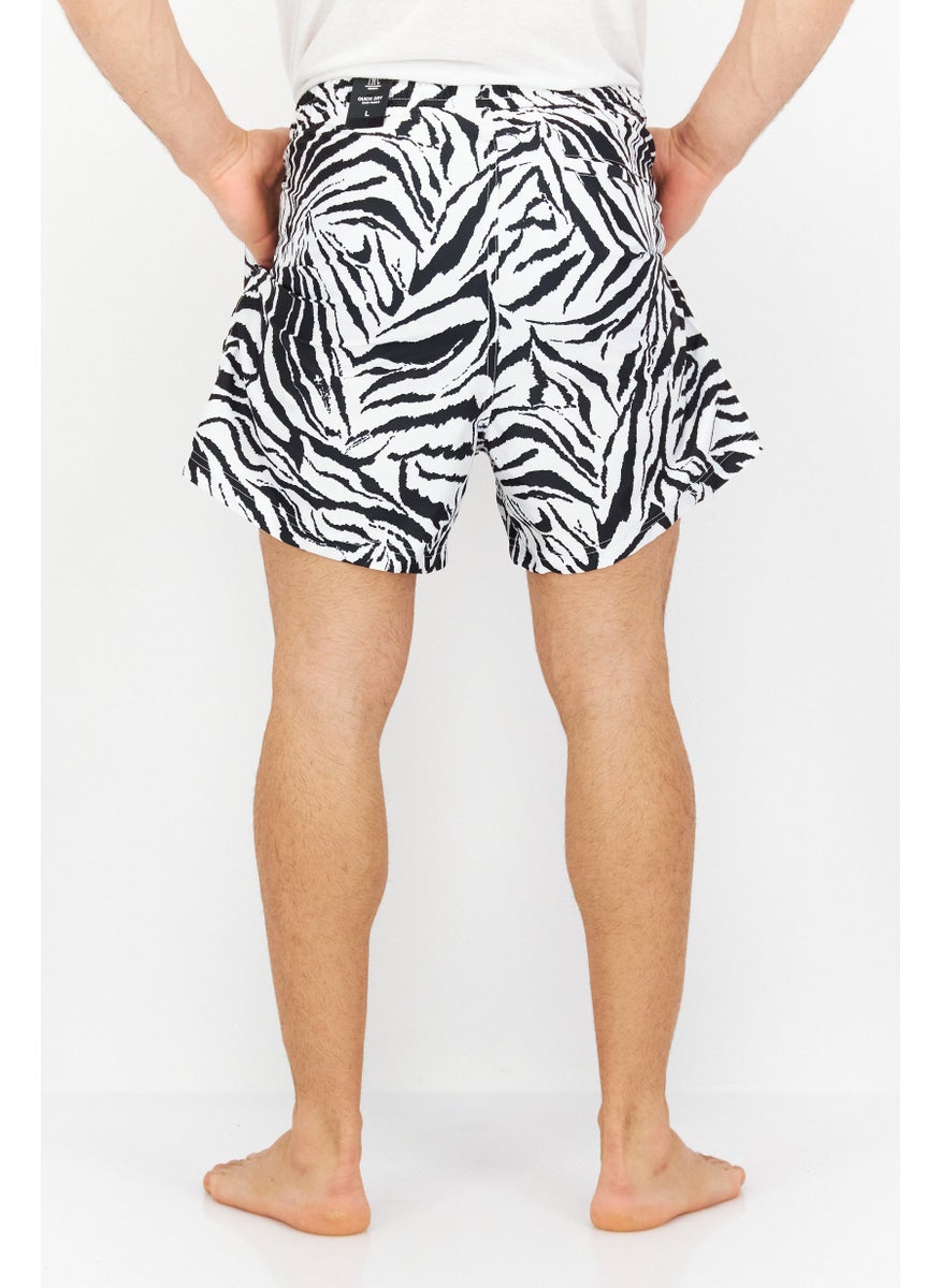 Men Drawstring Abstract Print Board Short, White/Black