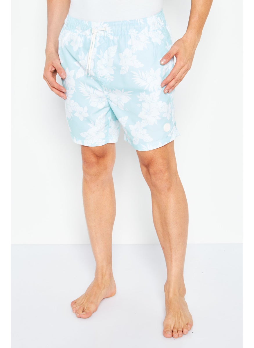 Men Allover Print Drawstring Boardshort, Turquoise